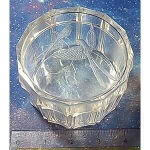 Vintage Art Deco Lucite Round Jewelry Storage Trinket Box w/ Bird Motif